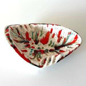 Vintage 1973 Handmade Ashtray Pottery Drip Glaze Orange Teal Splatter MCM